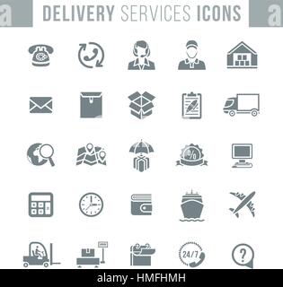 Set of modern flat vector dark silhouette icons of delivery service, logistic business, shipping and transportation. Conceptual symbols for interface  Stock Vector