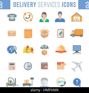 Set of modern flat vector icons of delivery service, logistic business, shipping and transportation. Colorful conceptual symbols for interface design  Stock Vector