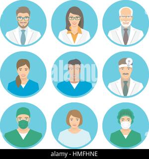 Medical clinic staff flat avatars of doctors, nurses, surgeon, assistant, patient. Vector round portraits, account profile pictures, male and female.  Stock Vector