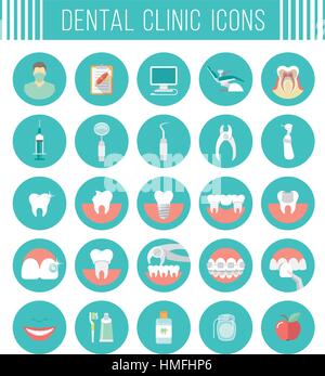 Set of modern flat vector conceptual icons of dental clinic services, stomatology, dentistry, orthodontics, oral health care and hygiene, tooth restor Stock Vector