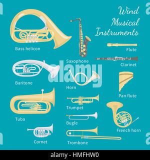 Set of various brass and woodwind instruments Stock Vector