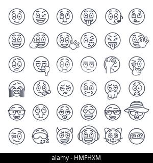 Smiley face thin lines flat vector icons set. Emoji emoticons. Different  facial emotions and expression linear symbols. Cute ball cartoon character m Stock Vector