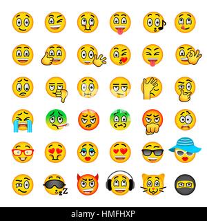 Smiley face flat vector icons set. Emoji emoticons. Different  facial emotions and expression symbols. Cute cartoon illustrations of mood and reaction Stock Vector