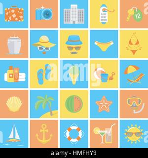 Set of modern flat round icons of summer vacation and beach holidays Stock Vector
