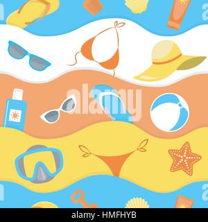 Seamless pattern for the summer background with various beach essentials in flat style Stock Vector