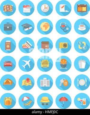 Set of modern flat round traveling icons with long shadows. Collection of symbols and accessories for business, education and family traveling. Differ Stock Vector