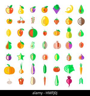 Fresh fruits and vegetables flat vector icons set. Farm harvest graphic elements. Exotic tropical citrus simple symbols. Organic food pictograms. Heal Stock Vector