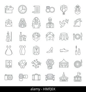 Set of modern flat linear vector wedding icons. Line art conceptual symbols of wedding party for web site, mobile or computer apps, infographic, prese Stock Vector