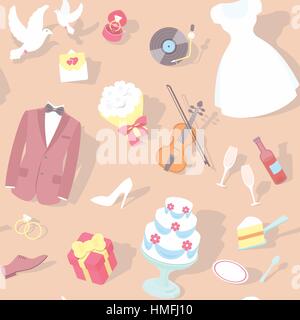 Modern flat seamless pattern with wedding accessories: wedding dress, groom suit, wedding cake, rings, bouquet, pigeons, violin on a plain background  Stock Vector