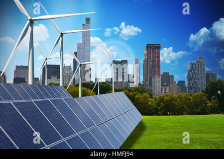 Modern green city powered only by renewable energy sources concept Stock Photo