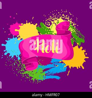 Happy Holi colorful background. Card with paint splashes, blotches, spots and drops Stock Vector