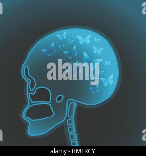 X-ray Vector illustration X-ray of a human skull with butterflies in the head Realistic style Stock Vector