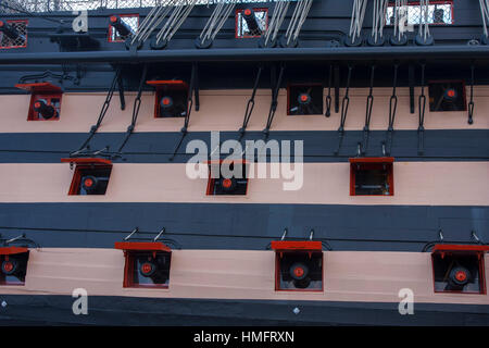 Close up of starboard Gun ports of HMS Victory Stock Photo