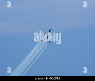 Six U.S. Navy Blue Angels F/A-18 aircraft leaving Delta Formation, about to execute Fleur-de-lis. Stock Photo