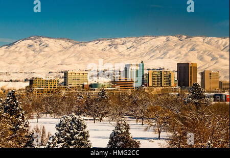 Winter, City of Boise and foot hills covered with fresh snowfall. Boise, Idaho, USA Stock Photo