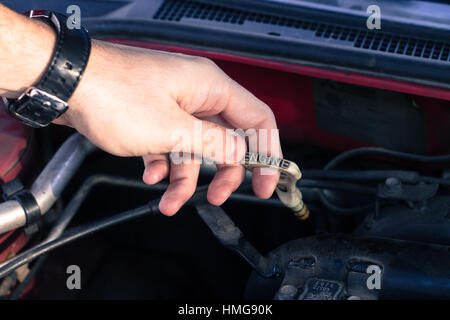 Driver pulls out an automobile dipstick to check the car's oil level. Stock Photo