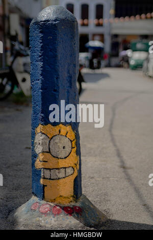'Marge Simpson' bollard by Ernest Zacharevic, part of the street art on display in the historic Georgetown, in Penang (Malaysia) Stock Photo