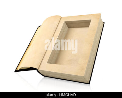 Opened ancient paper book with a hole in a middle for hiding something inside, 3D rendering Stock Photo
