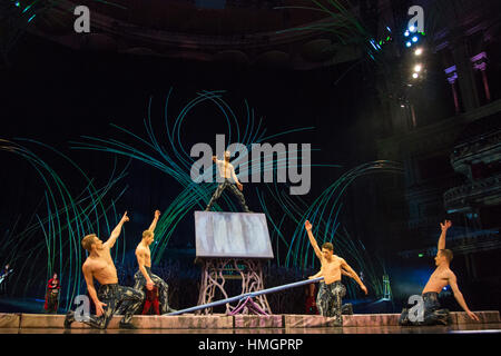 London, UK. 11 January 2016. Castaways performing. Dress rehearsal of Cirque du Soleil's show Amaluna at the Royal Albert Hall. Shows run from 12 January to 26 February 2017. Stock Photo