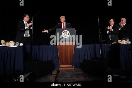 Washington, DC. 2nd Feb, 2017. United States President Donald Trump delivers remarks at the National Prayer Breakfast February 2, 2017 in Washington, DC. Every U.S. president since Dwight Eisenhower has addressed the annual event. Credit: Win McNamee/Pool via CNP - NO WIRE SERVICE - Photo: Win Mcnamee/Consolidated/POOL/dpa/Alamy Live News Stock Photo