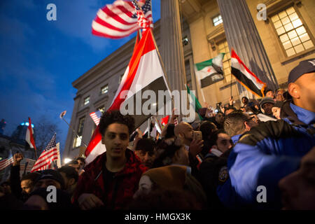 Brooklyn, New York, United States. 2nd February, 2017. Thousands of people rally after the “bodega strike” in front of Brooklyn Borough Hall in New York City. Hundreds of bodegas, restaurants and other businesses owned by Yemeni-Americans shut down throughout the city to protest the Trump administration's immigration policies. Mansura Khanam/ Alamy Live News Stock Photo