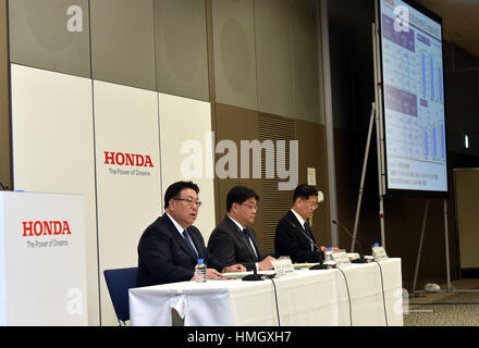 Tokyo, Japan. 3rd Feb, 2017. Japans Honda Motor Co., reports the automakers earnings for the third quarter of fiscal year 2017 in Tokyo on Friday, February 3, 2017. For fiscal 2016,?Honda?raised its group net profit outlook to?545 billion yen, up 58.2 percent from a year earlier. Credit: Natsuki Sakai/AFLO/Alamy Live News Stock Photo