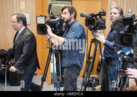Duesseldorf, Germany. 03rd Feb, 2017. The state chairman of the North Rhine-Westphalia CDU (Christian Democratic Union), Armin Laschet, arrives to a press conference in Duesseldorf, Germany, 03 February 2017. Laschet spoke on the political situation in the country one hundred days before the North Rhine-Westphalia state parliamentary elections. Photo: Federico Gambarini/dpa/Alamy Live News Stock Photo