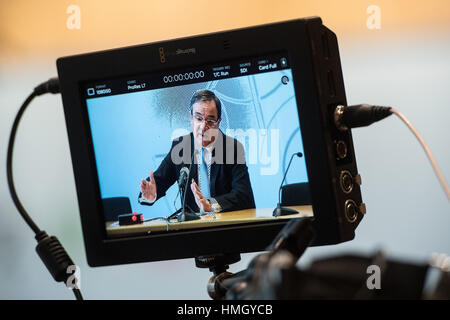 Duesseldorf, Germany. 03rd Feb, 2017. The state chairman of the North Rhine-Westphalia CDU (Christian Democratic Union), Armin Laschet, can be seen on the monitor of a TV camera answering questions during a press conference in Duesseldorf, Germany, 03 February 2017. Laschet spoke on the political situation in the country one hundred days before the North Rhine-Westphalia state parliamentary elections. Photo: Federico Gambarini/dpa/Alamy Live News Stock Photo