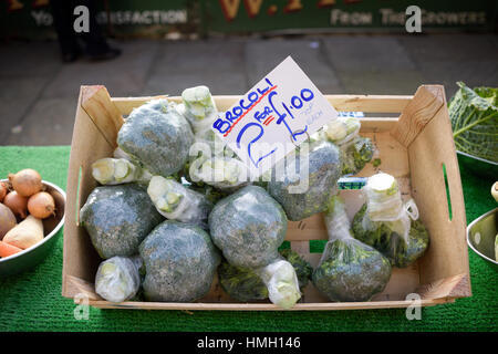 Chesterfield, Derbyshire, UK. 03rd Feb 2017. While some supermarkets are running short of fresh vegetables there is no shortage on Chesterfield open air market, plenty of iceberg lettuce, broccoli and courgettes. Credit: Ian Francis/Alamy Live News Stock Photo