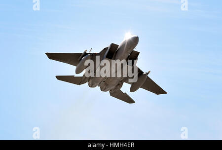 North Las Vegas, Nevada, USA. 25th Jan, 2016. Sunlight reflects from the canopy of a McDonnell Douglas F-15 Eagle jet after taking off at Nellis Air Force Base during a red flag exercise Monday, Jan. 25, 2016, in North Las Vegas. Credit: David Becker/ZUMA Wire/Alamy Live News Stock Photo