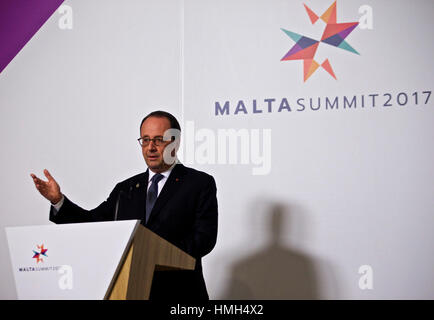 (170204) -- VALLETTA, Feb. 4, 2017 (Xinhua) - French President Francois Hollande speaks to media at a press conference during the EU informal summit in Valletta, Malta. European leaders agreed Friday on an action plan to stem the migration flow into Europe along the central Mediterranean route during an informal summit in Malta. (Xinhua/Jin Yu)(gj) Stock Photo