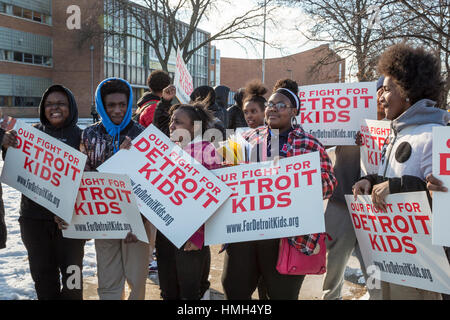 Detroit, USA. 3rd February, 2017. Students from Osborn High School protest against the planned closing of their school, one of 24 the state of Michigan wants to shut in Detroit because of poor academic performance. Detroit teachers have long complained about large class sizes, outdated textbooks, and lack of resources. Credit: Jim West/Alamy Live News Stock Photo