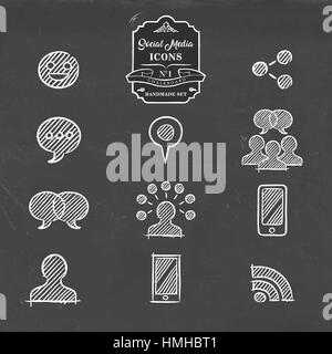 Social media hand drawn chalkboard icon collection: set of online networking and online communication symbols. Includes emoji, group chat, wifi, phone Stock Vector