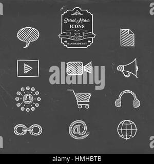 Social media hand drawn chalkboard icon collection, set of online networking symbols. Includes chat, video camera, online shopping and more. EPS10 Stock Vector