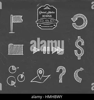 Social media hand drawn chalkboard icon collection, set of online networking symbols. Includes charts, gps location, video buttons and more. EPS10 Stock Vector