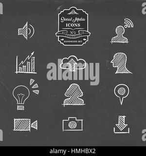 Social media hand drawn chalkboard icon collection, set of online networking symbols. Includes photo, download, video camera, cloud storage and more. Stock Vector