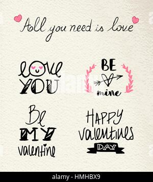 Valentines day set of romantic typography quotes for lettering decoration. Hand drawn love elements in pink color over texture paper background. EPS10 Stock Vector