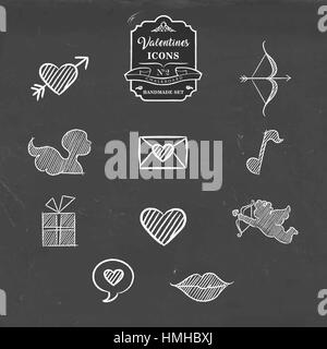 Valentines day hand drawn chalkboard icon collection, set of outline symbols for romantic holiday. Includes heart shape, cupid, gift, love message and Stock Vector