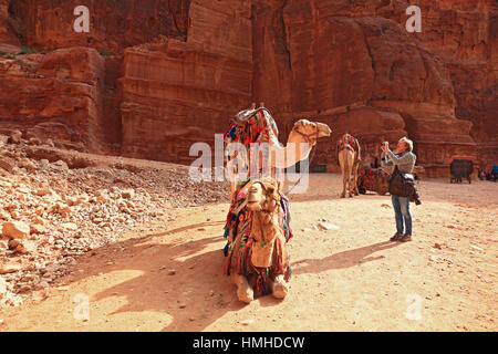 Riding camels, abandoned rock city Petra, al-Batra, capital of the kingdom of the Nabataeans, Jordan, UNESCO World Cultural Heritage Stock Photo