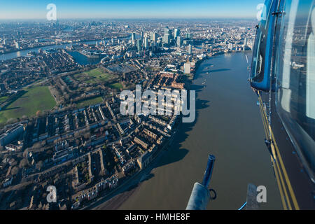 London from above, images of Canary Wharf in London seen from the helicopter Stock Photo