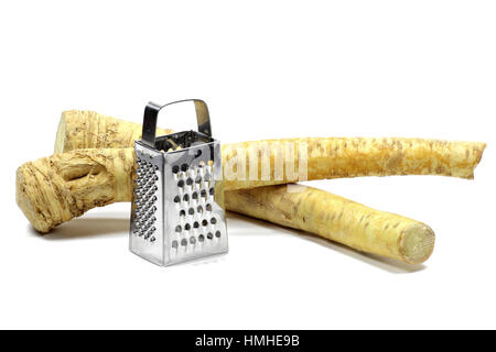 horseradish with grater isolated on white background Stock Photo