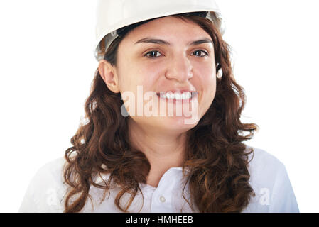 portrait of young engineer woman isolated on white Stock Photo