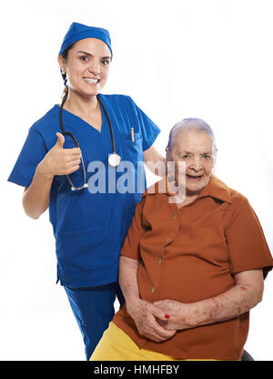happy smiling patient with nurse isolated on white Stock Photo