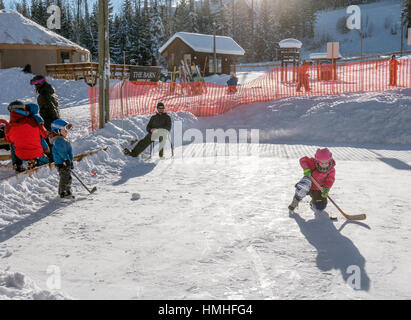 Young children play ice hockey; Kicking Horse Mountain Resort; Golden; British Columbia; Canada Stock Photo