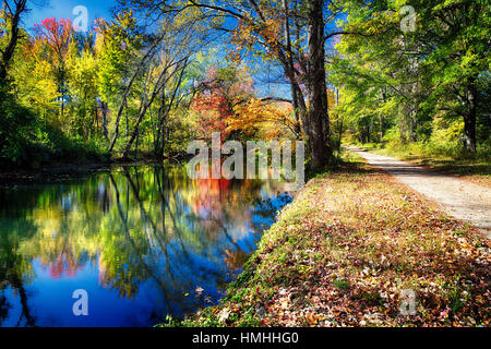 Sunny Autumn Day Along the Delaware and Raritan Canal, Princeton, Mercer County, New Jersey Stock Photo