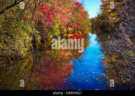 Colorful Autumn Foliage Reflected in a Canal, Princetoin, Mercer County, New Jersey, USA Stock Photo