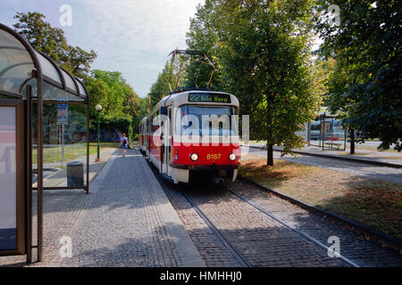 Prague tram line 22 Stop in the Castle District, Prague, Czech Republic Stock Photo