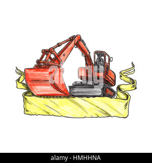 Tattoo style illustration of a mechanical digger excavator earthmover  with driver viewed from low angle set on isolated white background with ribbon. Stock Photo