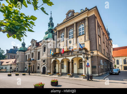 Ratusz (Town Hall) and Evangelical Church at Rynek in Pszczyna, Silesia, Poland Stock Photo