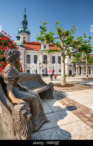 Memorial to Daisy, Princess of Pless (Daisy Hochberg von Pless), Evangelical Church behind, Rynek in Pszczyna, Silesia, Poland Stock Photo